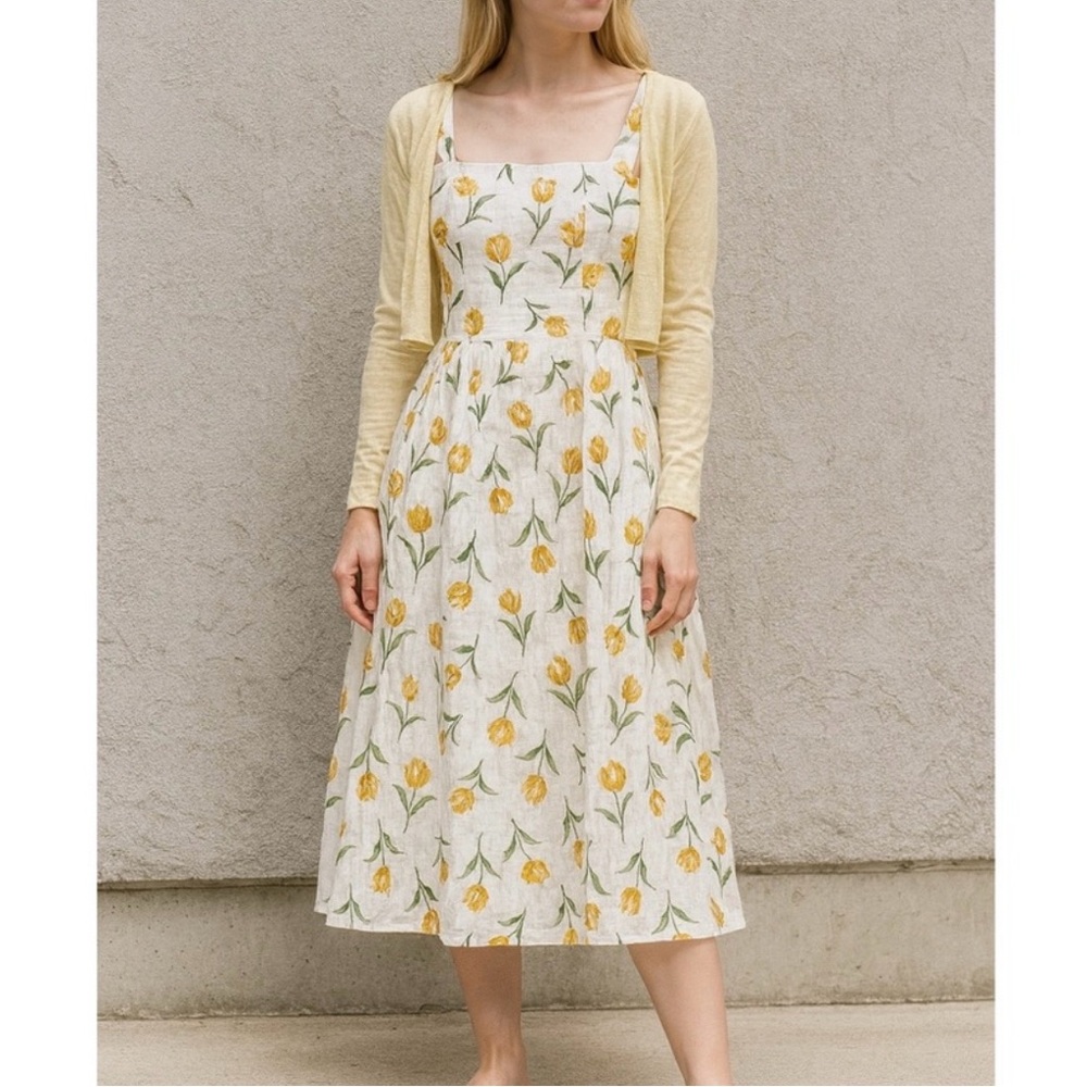 Joie 2Pc Floral Linen Square Neck Sleeveless Fit & Flare Dress & Cardigan Set, 8